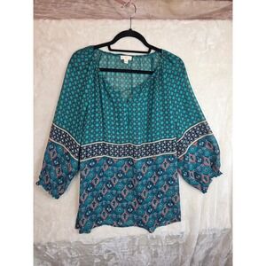 Cato Teal Coral Geometric Tile Print Boho Blouse Tassel Tie XL